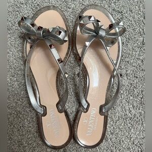 Valentino Garavani Silver Metallic Sandals with Bow